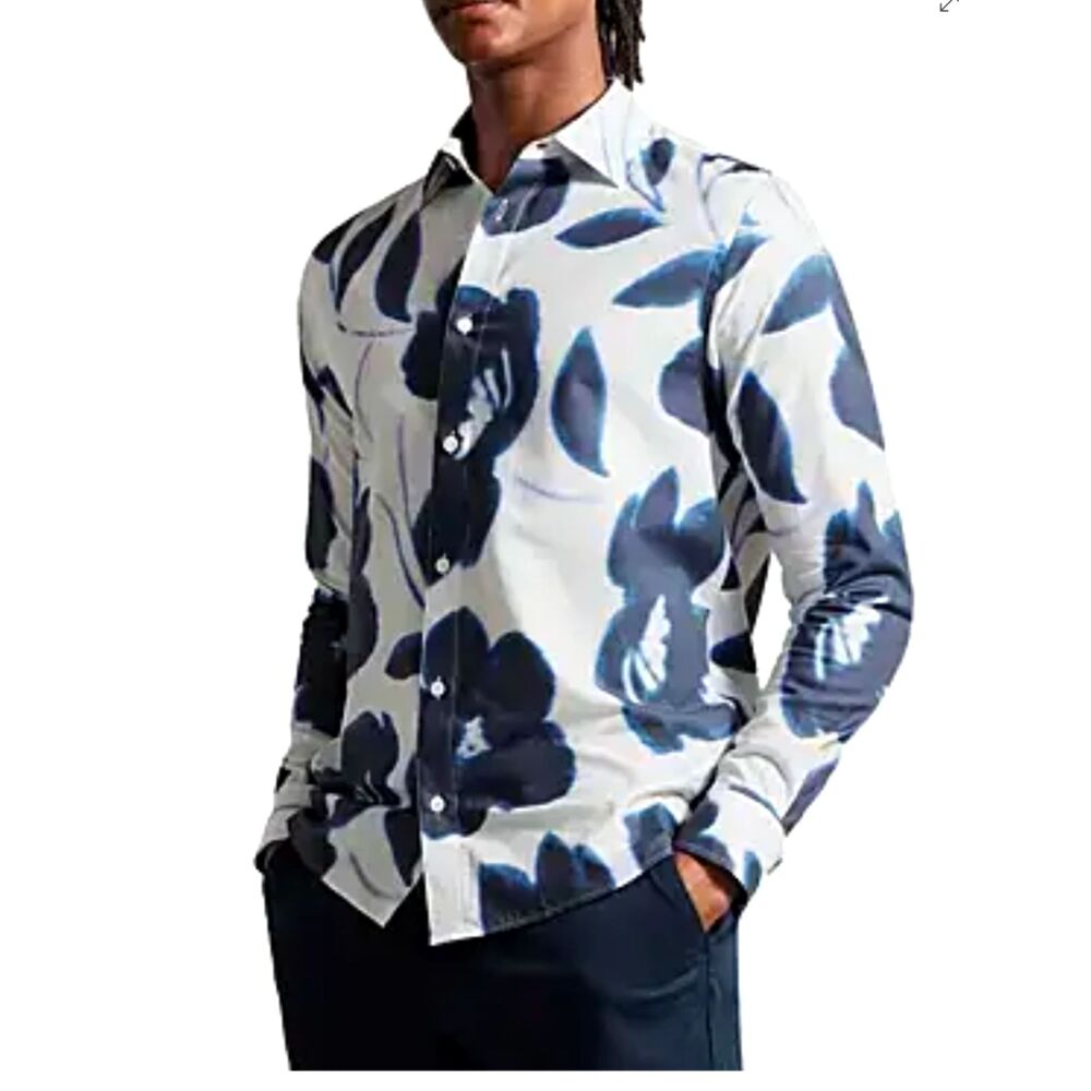 NWT Ted Baker London Aversa Cotton White Navy Floral LS Shirt Size TB 3 = US M